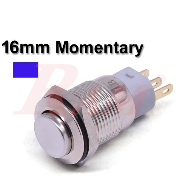 Metal Switch Momentary 16mm Blue LED Ring Water/Dustproof مفتاح لحظي Tack معدني 16 ملم معدن مقاوم للماء والاتربة مع اضائة LED باللون الازرق