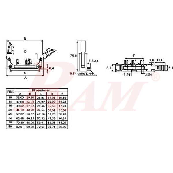 IDC50 Polarized Male Headers with Latch Straight (FRC-50)
