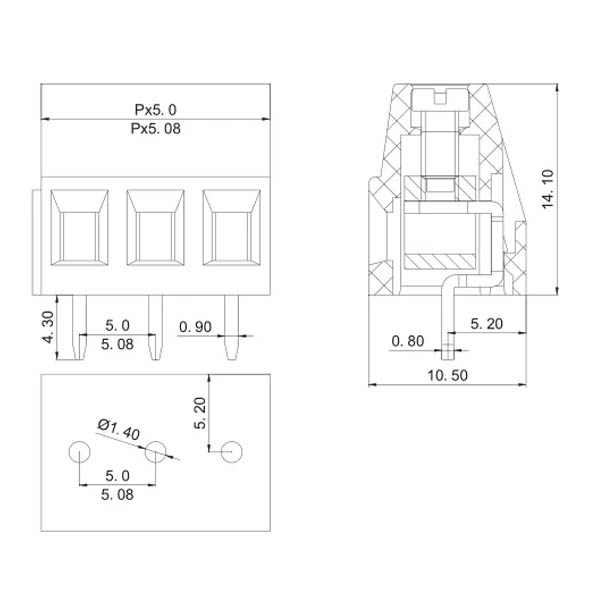 3 Pin PCB Screw Terminal Block Pitch 5mm - 14.1mm Long (R.6)