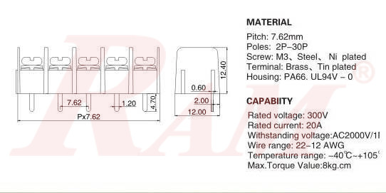 RP3 - 3 Pin Barrier Terminal Block Pitch 7.62mm