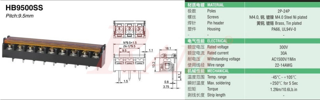 RPC4 - 4 Pin Barrier Terminal Block With Cover Pitch 9.5mm