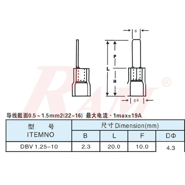 DBV1.25-10 Insulated Blade Terminals Cable Lug PVC Sleeve