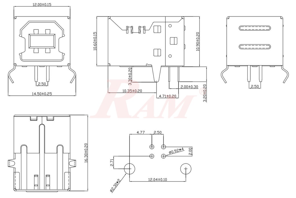 USB Connector on PCB Type B Female - 4pin