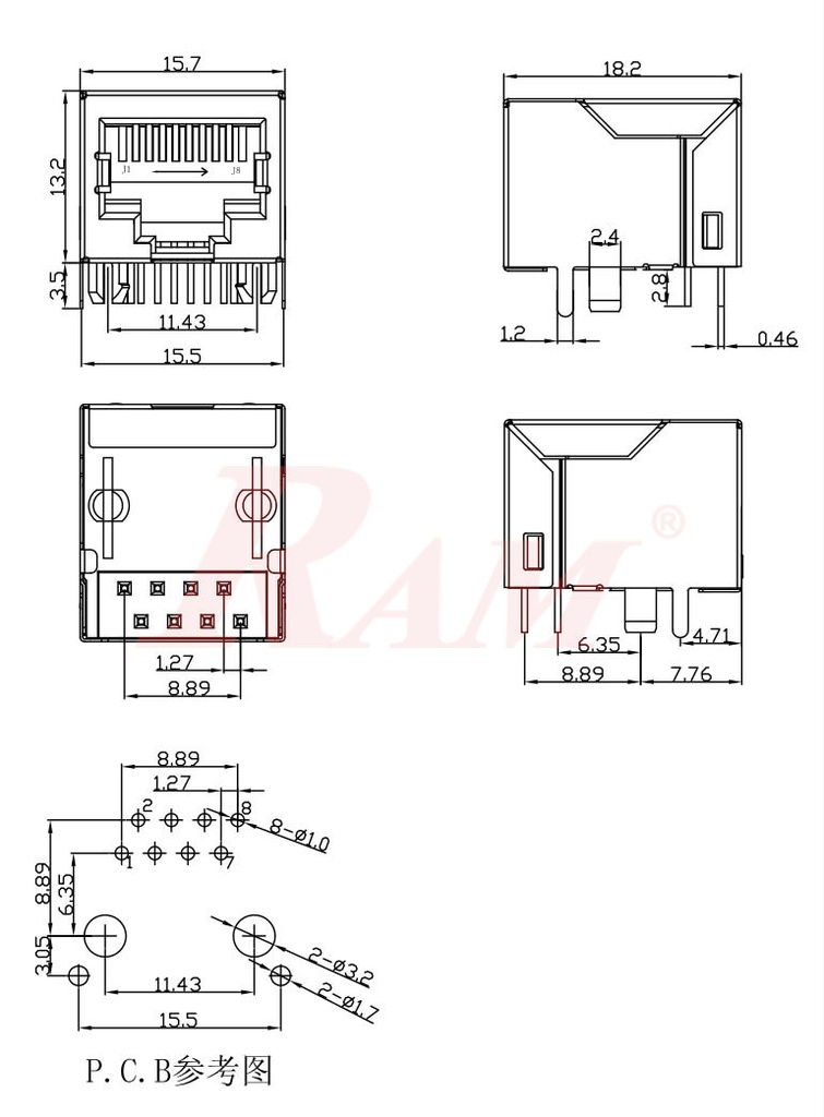 RJ45 - 8 Pin Connector On PCB Metal Housing