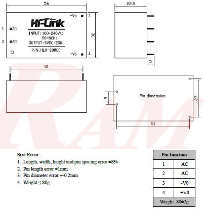 AC-DC Module 20W 220Vac to 5Vdc (HLK-20M05)