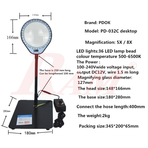 PD-032C Glass 10X Desk Magnifier With Adjustable Brightness LED