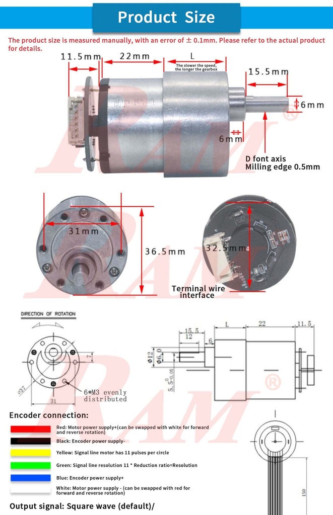 JGB37-520 DC Geared Motor 12Vdc 110 rpm Complete Set With Encoder