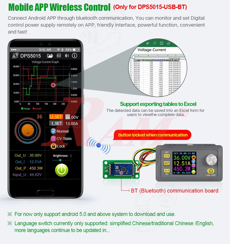 RIDEN DPS5015-BT Bluetooth & USB Programmable Power Supply With Color LCD Voltmeter 0~50V 0~15A