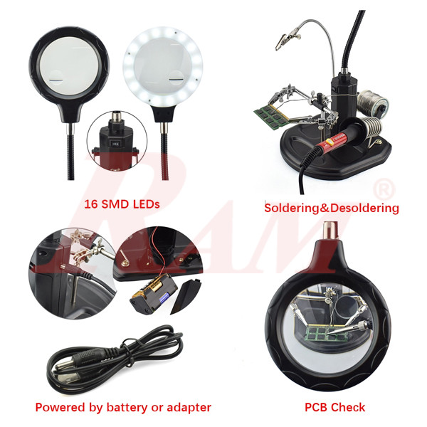 TE-802 Advanced Desk Lamp Magnifying Glass 2.5x ~ 4x Third-Hand Iron Soldering Base