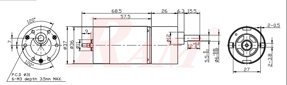 DC Geared Motor 12Vdc 50rpm 0.62 N.m - Model SG555123000-60K
