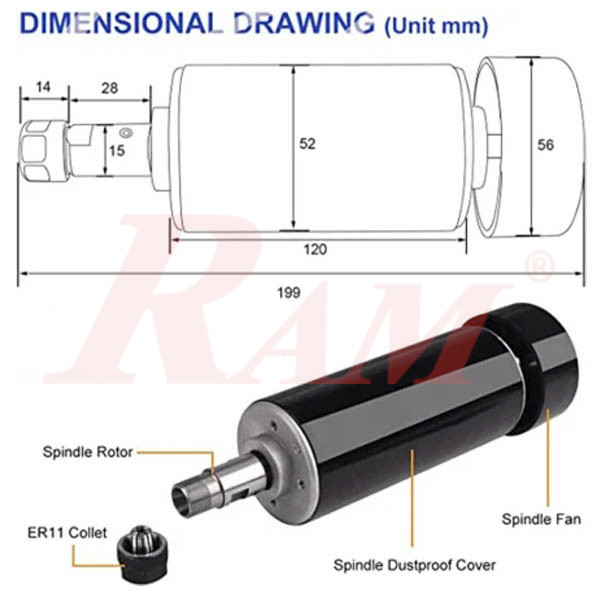 DC Spindle Air Cooling 500W ER11 + 52mm Clamps + Power Supply