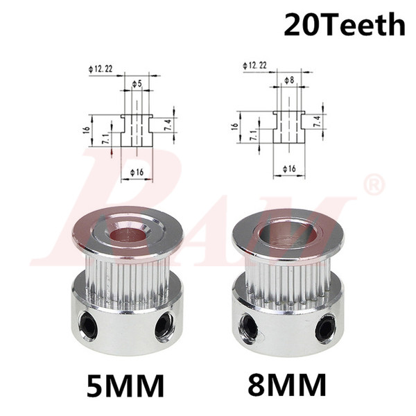 GT2 Set 8mm - 2x Bore 8mm Aluminum Pulley 20 Teeth + 2x Meters GT2 6mm Open Timing Belt