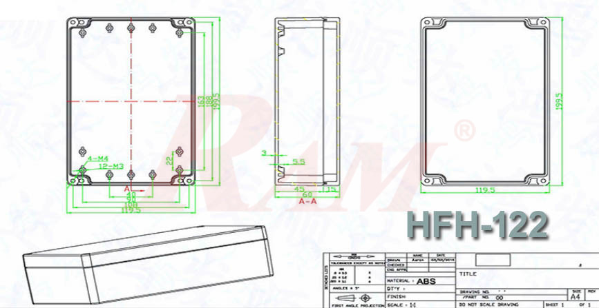 Plastic Project Box HFH-122 Size 200x120x55 mm