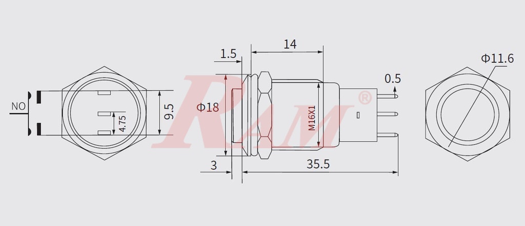 Metal Switch 16mm Waterproof Metal with POWER Symbol Red LED