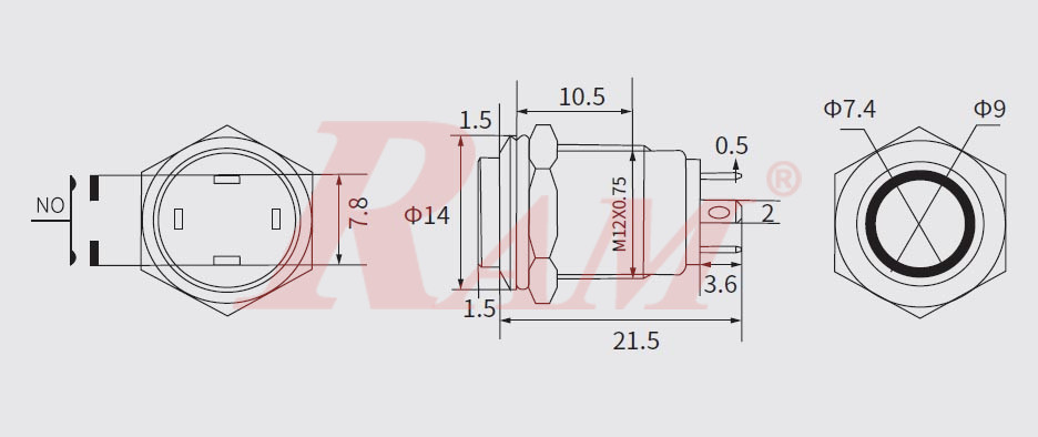 Metal Switch 12mm Waterproof Metal with POWER Symbol Red LED