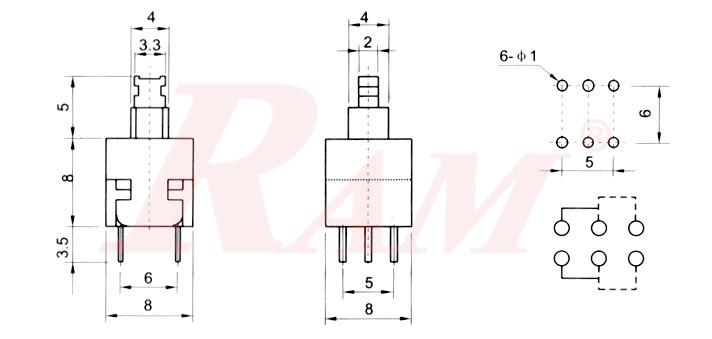 Switch On/Off PCB mounted 6pin - Self Locking
