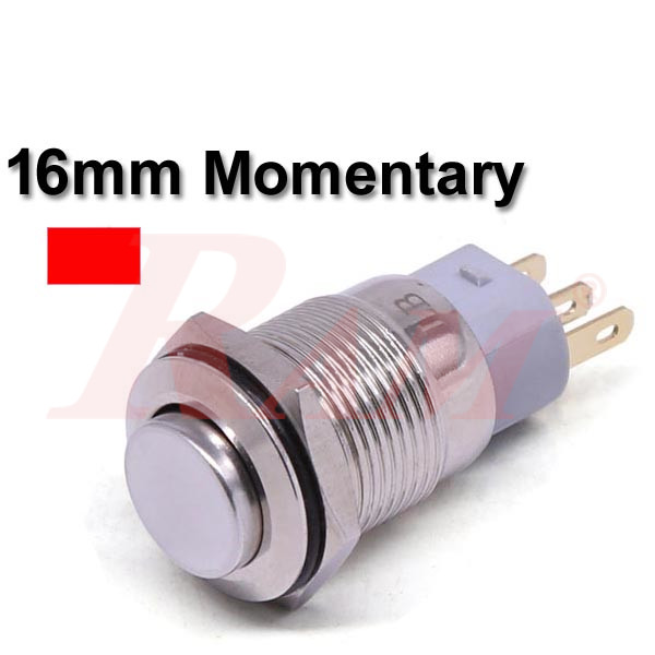 Metal Switch Momentary 16mm Red LED Ring Water/Dustproof مفتاح لحظي Tack معدني 16 ملم معدن مقاوم للماء والاتربة مع اضائة LED باللون الأحمر