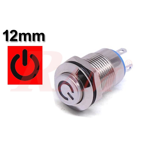 Metal Switch 12mm Waterproof Metal with POWER Symbol Red LED مفتاح تشغيل On/Off معدني 12 ملم معدن مقاوم للماء والاتربة مع رمز تشغيل الطاقة LED باللون الاحمر POWER
