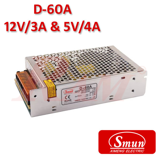 Smun® Industrial SMPS Dual Output +12Vdc/3A & +5Vdc/4A Input 220Vac (D-60A)