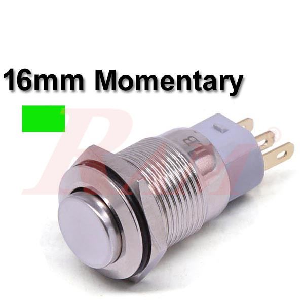 Metal Switch Momentary 16mm Green LED Ring Water/Dustproof مفتاح لحظي Tack معدني 16 ملم معدن مقاوم للماء والاتربة مع اضائة LED باللون الاخضر