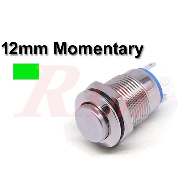 Metal Switch Momentary 12mm Green LED Ring Water/Dustproof مفتاح لحظي Tack معدني 12 ملم معدن مقاوم للماء والاتربة مع اضائة LED باللون الاخضر