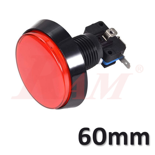 Arcade Style 60mm Big Round Push Button With Red LED Light - Flat Head