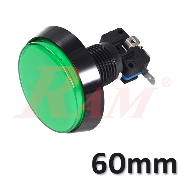Arcade Style 60mm Big Round Push Button With Green LED Light - Flat Head