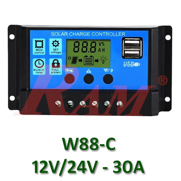 W88-C PWM Solar Charge Controller 12V/24V 30A منظم شحن طاقة شمسية PWM بقدرة 30 أمبير لبطاريات 12/24 فولت موديل W88-C