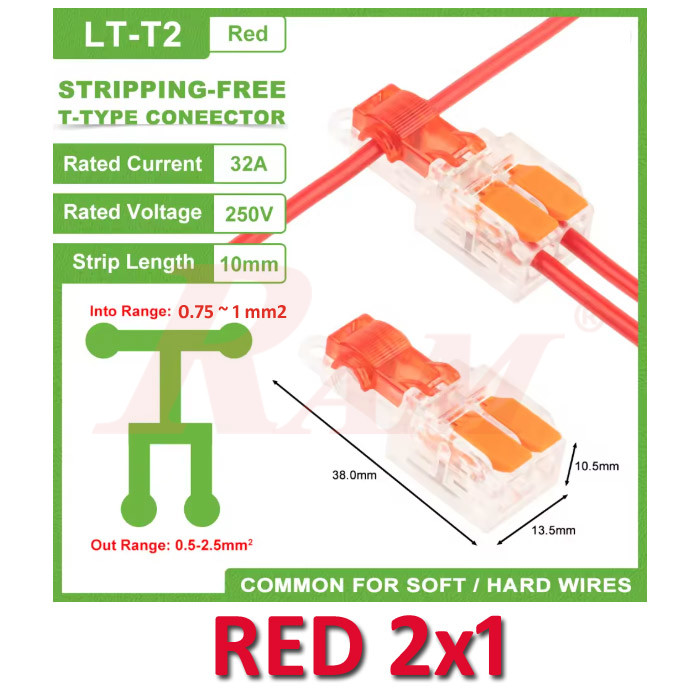 WAGO T-Tap 2x1 (Red) 0.75~1mm² Stripping Free Wiring Connector - Conductor Terminal Block With Lever LT-T2-RED