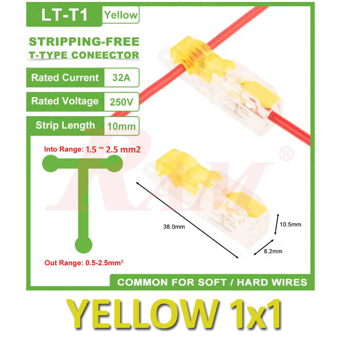 WAGO T-Tap 1x1 (Yellow) 1.5~2.5mm² Stripping Free Wiring Connector - Conductor Terminal Block With Lever LT-T1-YELLOW