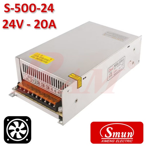 [KIT.SMPS.24V.20A.FAN] Smun® Industrial SMPS Output +24Vdc/20A Input 220Vac With Cooling Fan (S-500-24)