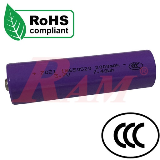 [BATTERY.18650.2000MA] Battery 3.7V 18650 Lithium Rechargeable With CCC Certificate  بطارية ليثيوم 18650 قابلة لإعادة الشحن 3.7 فولت - معتمدة بشهادة الجودة CCC