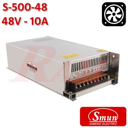 [KIT.SMPS.48V.10A.FAN] Smun® Industrial SMPS Output +48Vdc/10A Input 220Vac With Cooling Fan (S-500-48)