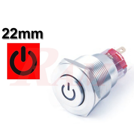 [PB.22.M.POWER] Metal Switch 22mm Waterproof Metal with POWER Symbol Red LED مفتاح تشغيل On/Off معدني 22 ملم معدن مقاوم للماء والاتربة مع رمز تشغيل الطاقة LED باللون الأحمر POWER