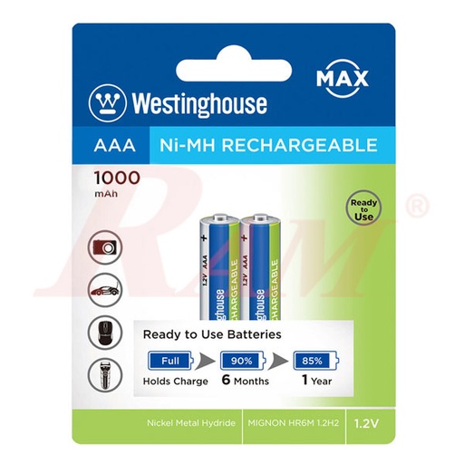 [WESTINGH.RECH.AAA.1000MAH] Westinghouse Battery 2xAAA Rechargeable 1.2V AAA Ni-MH 1000mAh