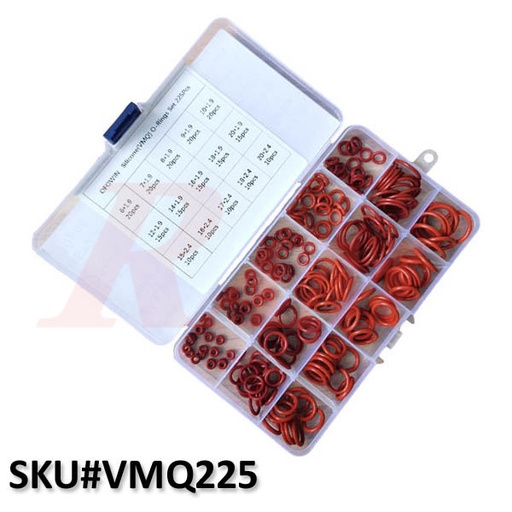[BOX.VMQ.225PCS.200C] Box of Red O-Ring VMQ Rubber Sealed Ring Heat Resistant Silicon 200°C 225pcs/set (SKU#VMQ225) طقم جوانات سيليكون حراري O-Ring أحمر 225 قطعة