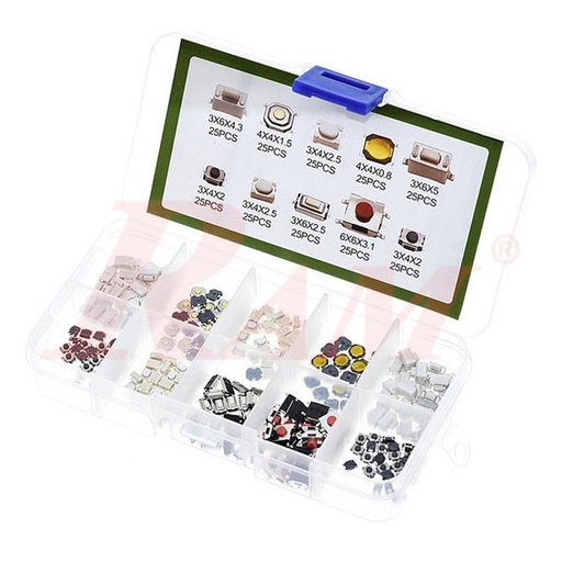 [KIT.PRESS.250] Box of 250pcs Tack Button Switch Kit مجموعة أزرار برسات ضغط صغيرة 250 قطعة متنوعة الموديلات والمقاسات