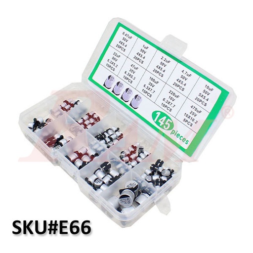 [KIT.E66.ALCAP] Box of 145pcs 10 Values SMD Aluminum Electrolytic Capacitors Kit 0.47uF~470uF (SKU#E66) مجموعة مكثفات الومنيوم SMD من 0.47 الى 470 ميكروفاراد