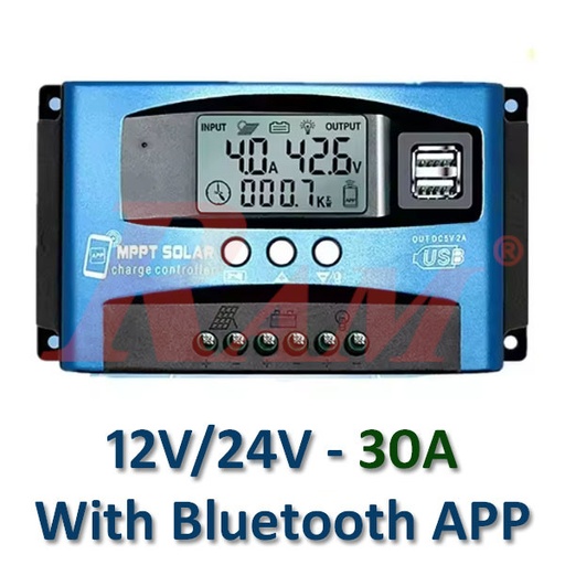[SC.BL912.MPPT30A] MPPT 30A Solar Charge Controller 12V/24V - With Bluetooth Mobile APP منظم شحن طاقة شمسية MPPT بقدرة 30 أمبير لبطاريات 12/24 فولت مع بلوتوث وتطبيق موبايل