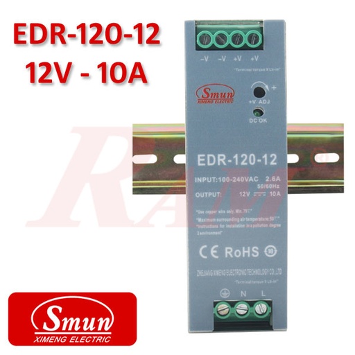 [KIT.SMPS.DAIN.12V.10A] Smun® Industrial SMPS Din-Rail Type Output +12Vdc/10A Input 220Vac EDR-120-12