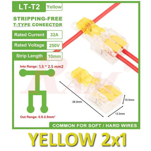 [WAGO.T-TAP.YELLOW.2X1] WAGO T-Tap 2x1 (Yellow) 1.5~2.5mm² Stripping Free Wiring Connector - Conductor Terminal Block With Lever LT-T2-YELLOW