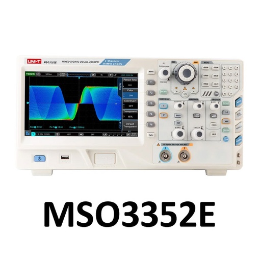 [AVO.MSO3352E.UNIT] UNI-T MSO3352E Mixed Signal Oscilloscope 350 MHz - 2 Analog + 16 Digital Channels, 2.5 GSa/s Sampling Rate, and Built-in Function / Arbitrary Waveform Generator جهاز اوسيلوسكوب مختلط الاشارة 350 ميجاهرتز 2 قناة و16 قناة رقمية ومولد موجات مدمج